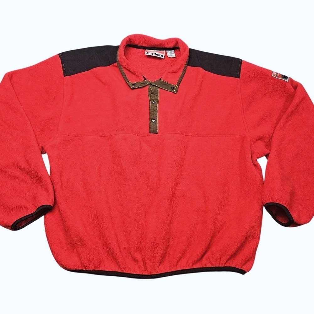 Vintage Marlboro Adventure Team Fleece Pullover‎ XL Red Snap Neck 90s Tobacco